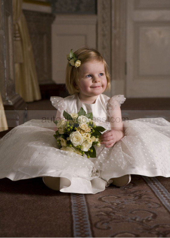 Ivory Satin Polka Dots Tulle Knee Length Flower Girl Dress 